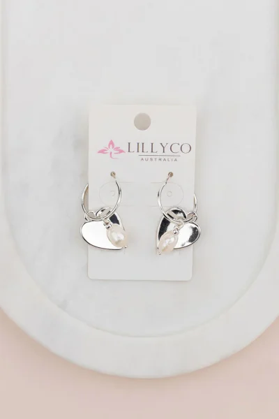LilyCo - Silver 3 in 1 Heart & Pearl Ring Earring