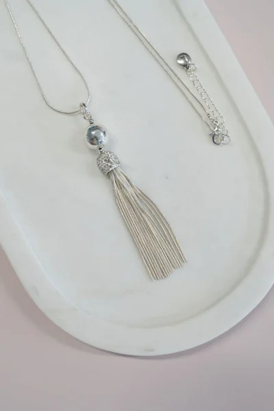 LillyCo - Silver Rhinestone & Silver Tassel Necklace