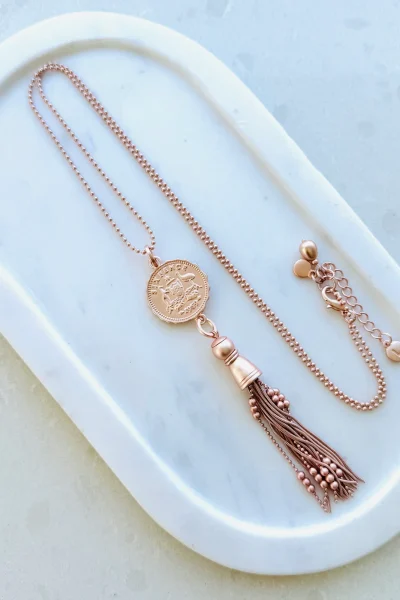 LillyCo - Matt Plated Rose Gold Coin & Tassel Necklace