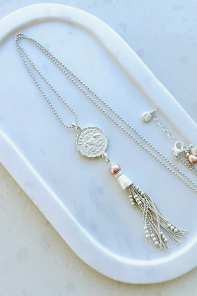 LillyCo- Matt Plated Mixed Coin & Tassel Long Necklace