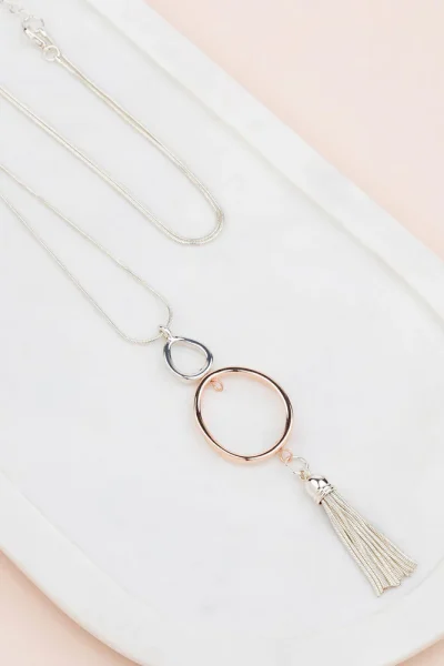 LillyCo - Rose Gold & Silver Tassel, Oval and Ball Necklace